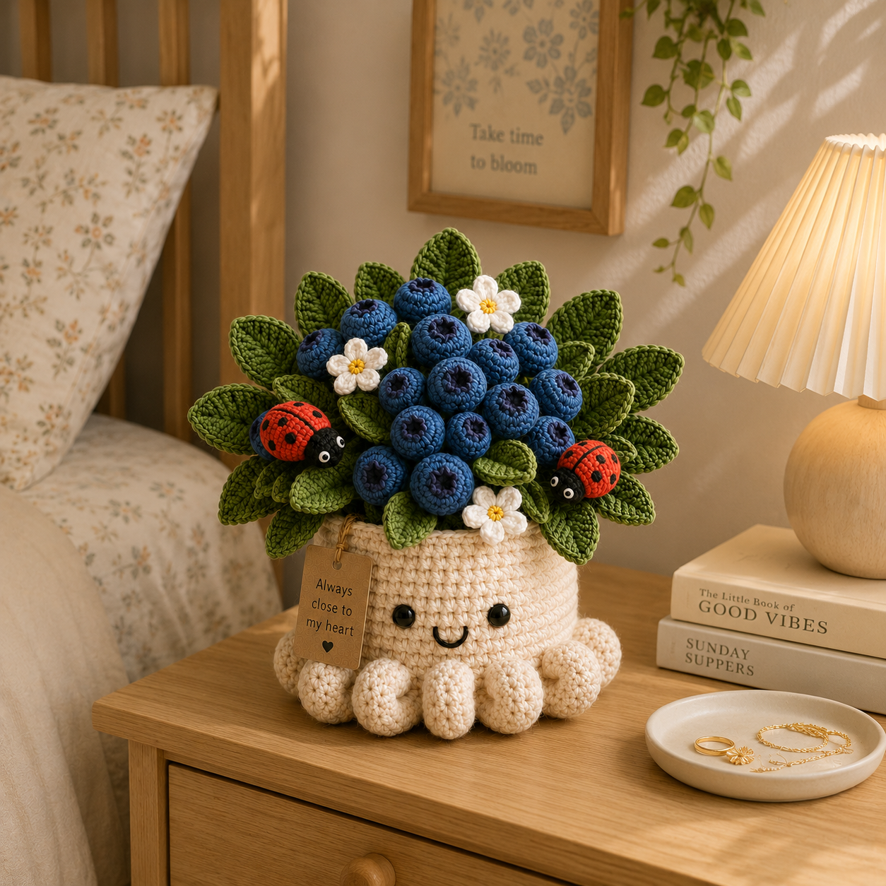 Handmade Crochet Blueberry Pot with Ladybugs - Cute Gift & Decor