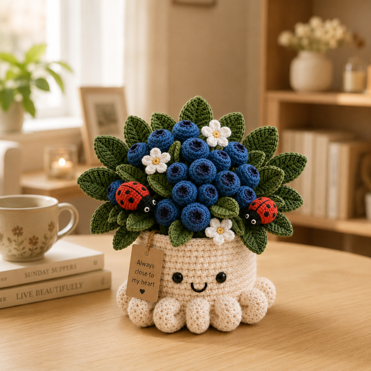 Handmade Crochet Blueberry Pot with Ladybugs - Cute Gift & Decor