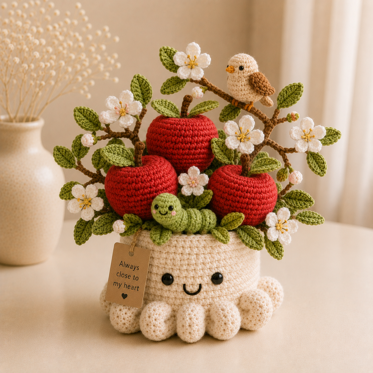 Handmade Crochet Apple Tree Pot with Bird - Cute Gift & Decor