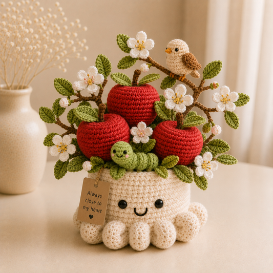 Handmade Crochet Apple Tree Pot with Bird - Cute Gift & Decor