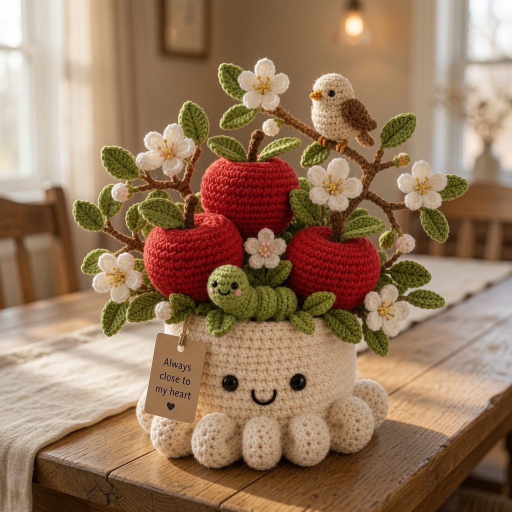 Handmade Crochet Apple Tree Pot with Bird - Cute Gift & Decor