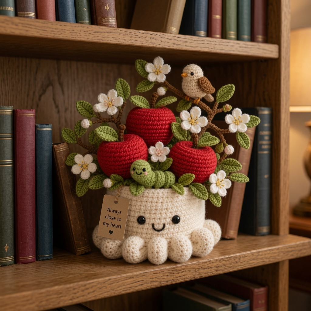 Handmade Crochet Apple Tree Pot with Bird - Cute Gift & Decor