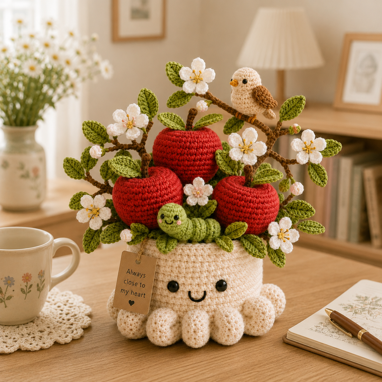 Handmade Crochet Apple Tree Pot with Bird - Cute Gift & Decor