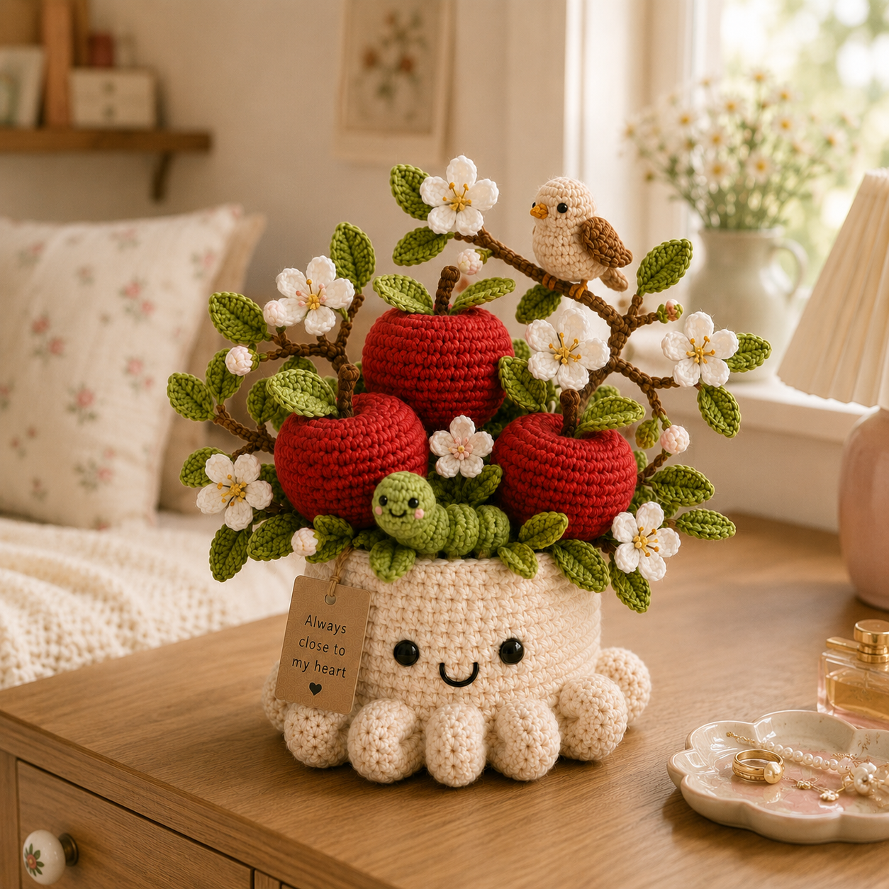 Handmade Crochet Apple Tree Pot with Bird - Cute Gift & Decor