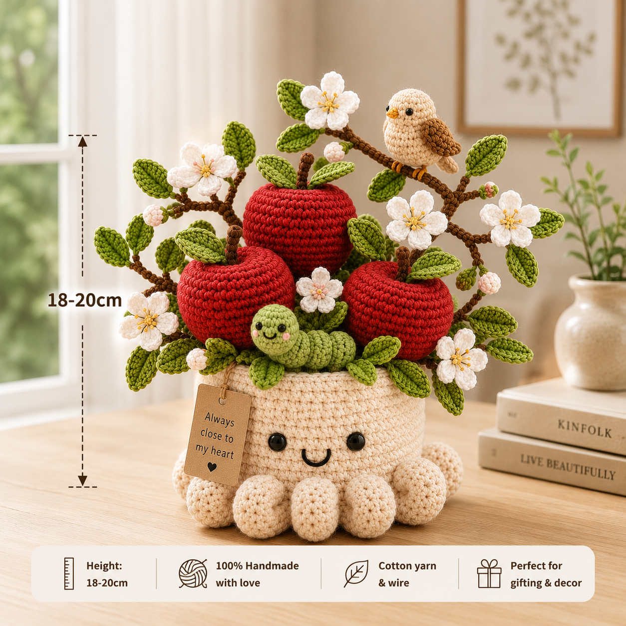 Handmade Crochet Apple Tree Pot with Bird - Cute Gift & Decor
