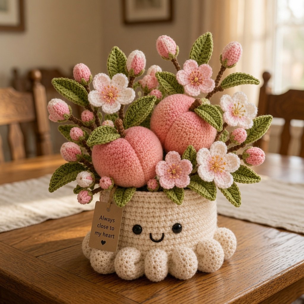 Handmade Crochet Peach Blossom Pot - Cute Gift & Home Decor