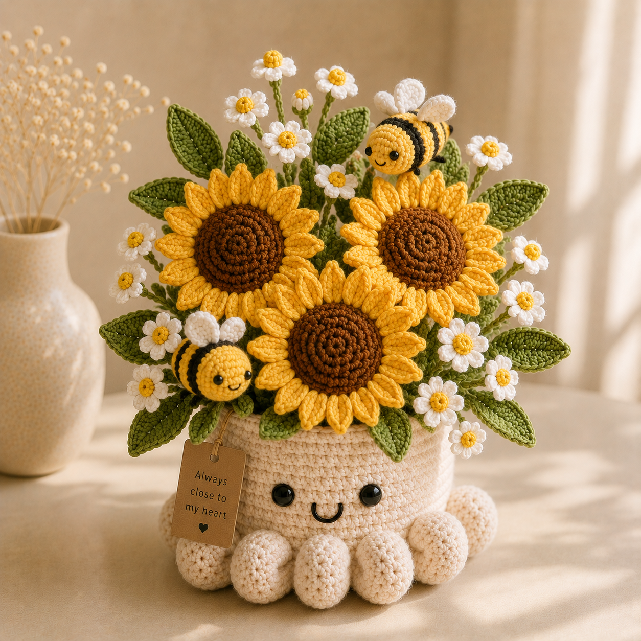 Handmade Crochet Sunflower Pot with Bees - Cute Gift & Decor