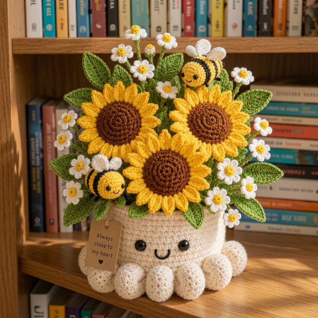 Handmade Crochet Sunflower Pot with Bees - Cute Gift & Decor