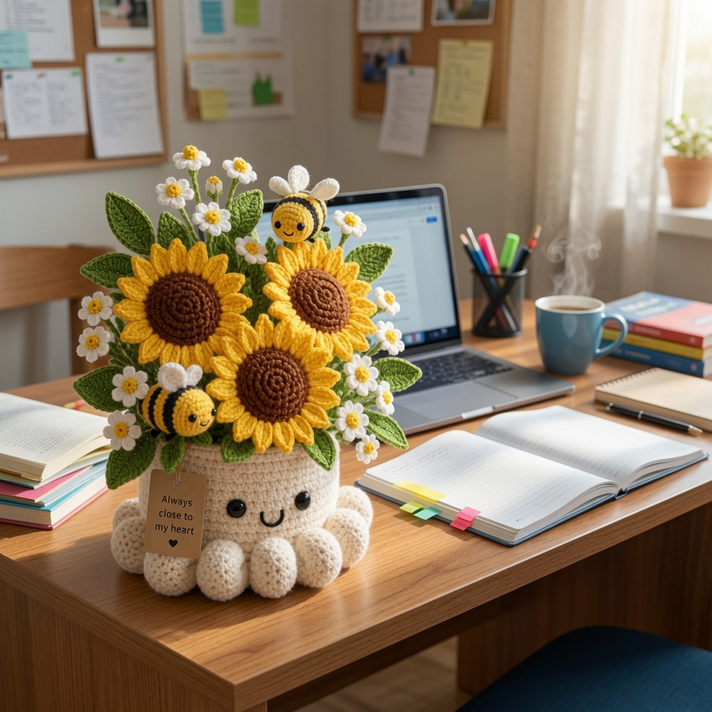 Handmade Crochet Sunflower Pot with Bees - Cute Gift & Decor