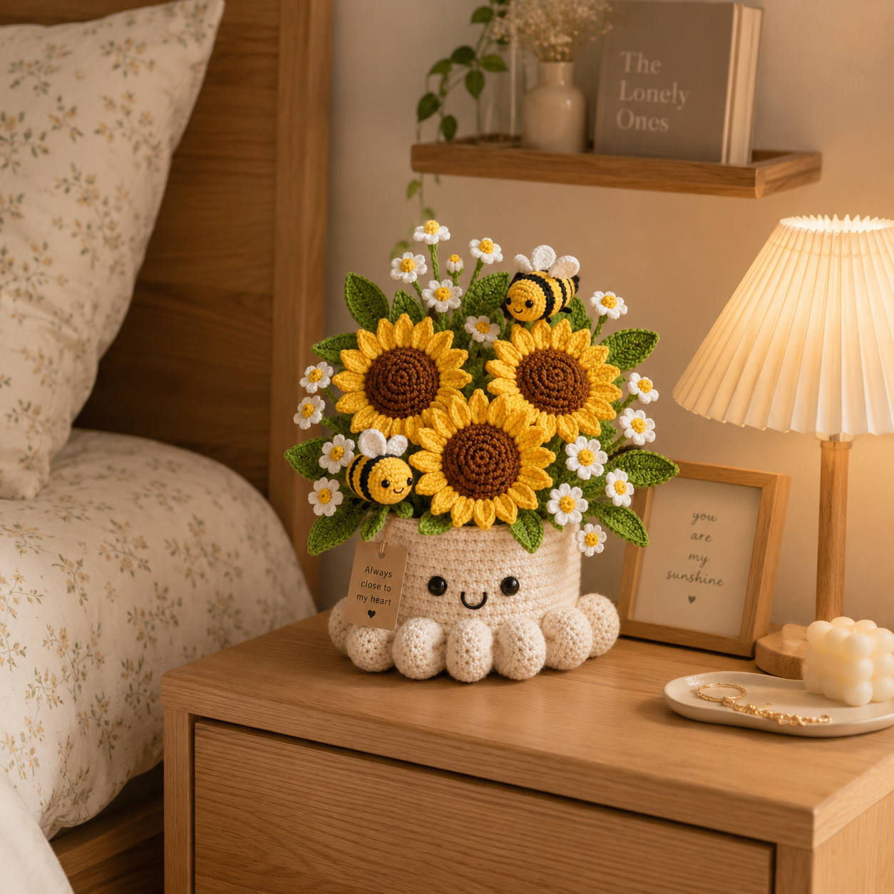 Handmade Crochet Sunflower Pot with Bees - Cute Gift & Decor