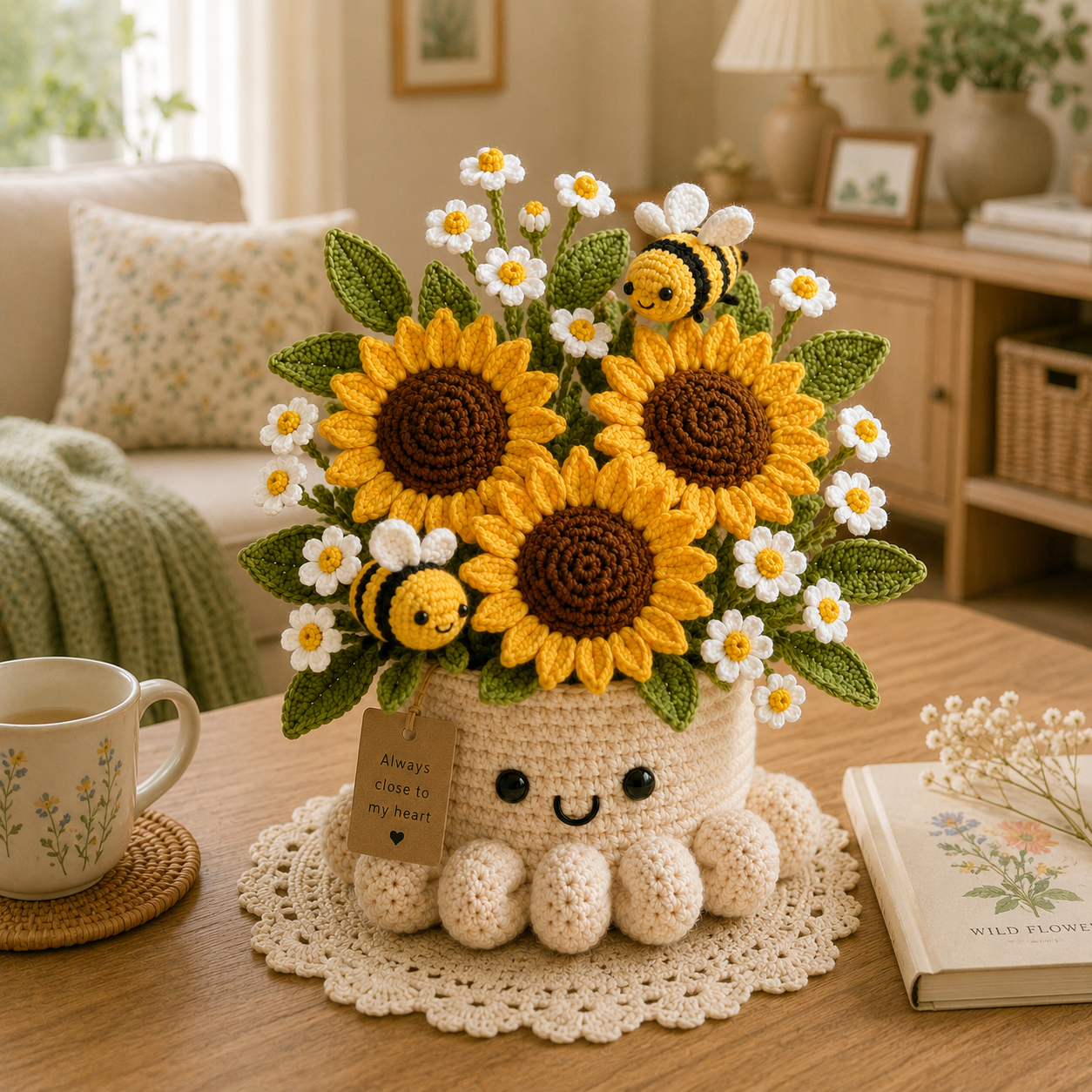 Handmade Crochet Sunflower Pot with Bees - Cute Gift & Decor