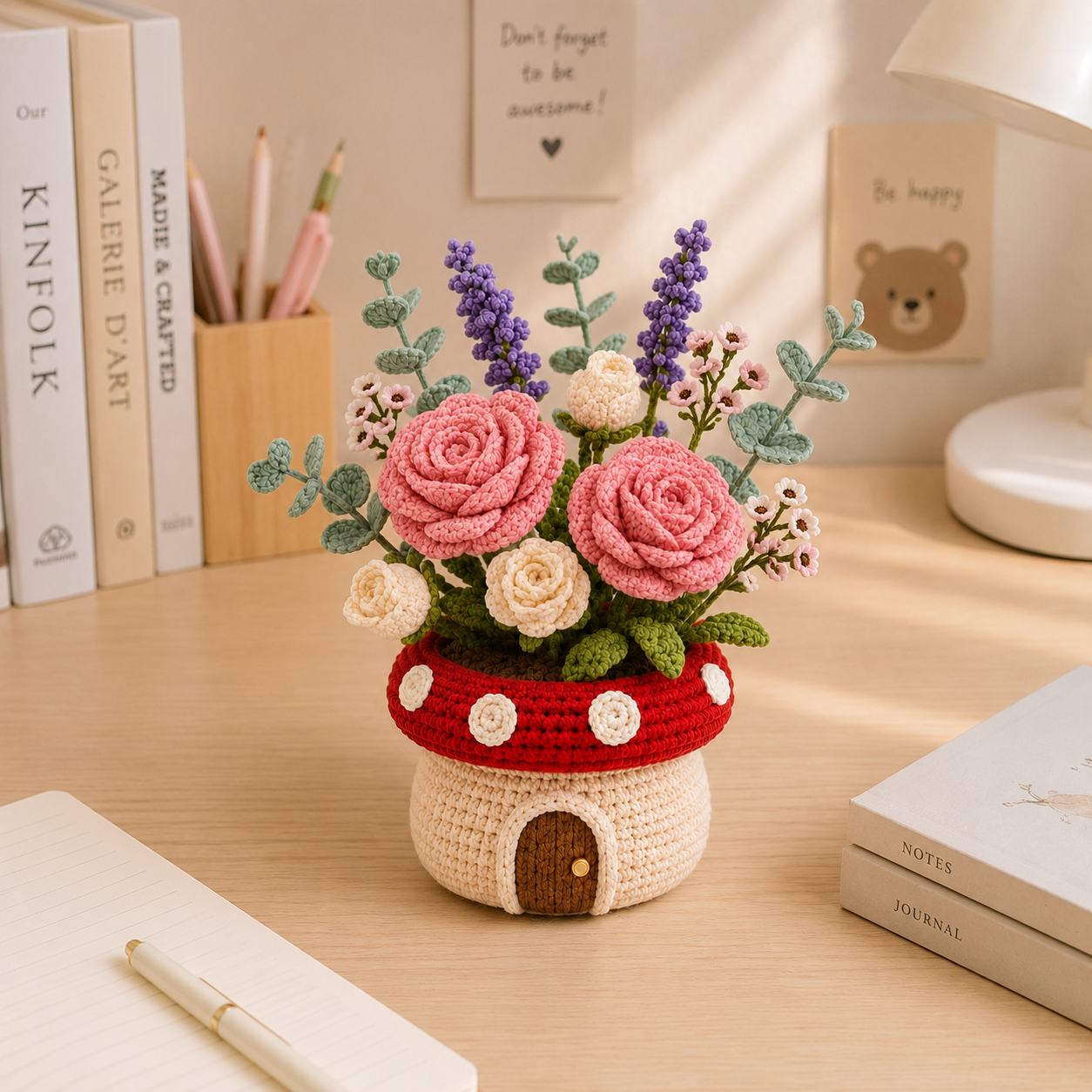 Handmade Crochet Rose Mushroom Pot - Floral Deco