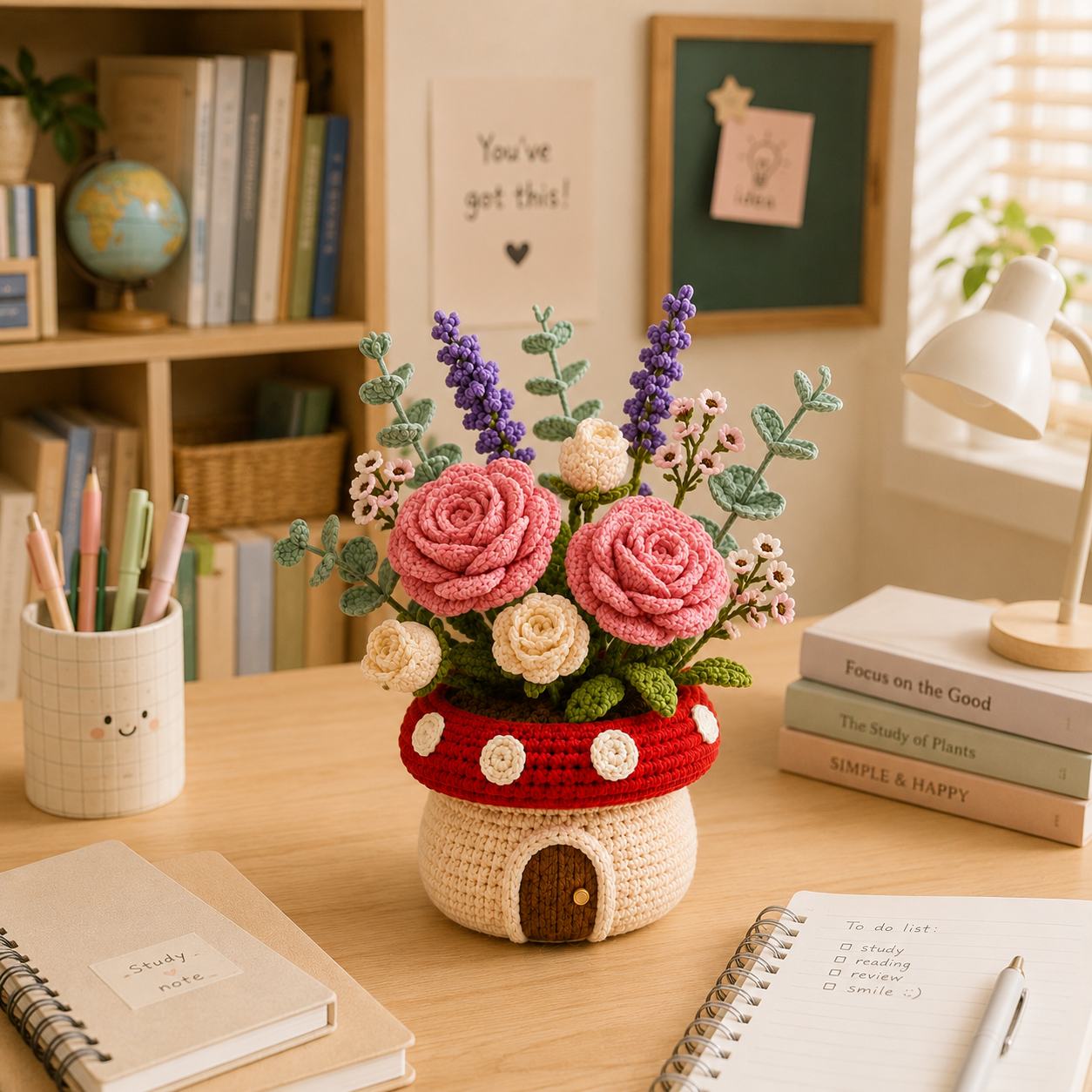 Handmade Crochet Rose Mushroom Pot - Floral Deco