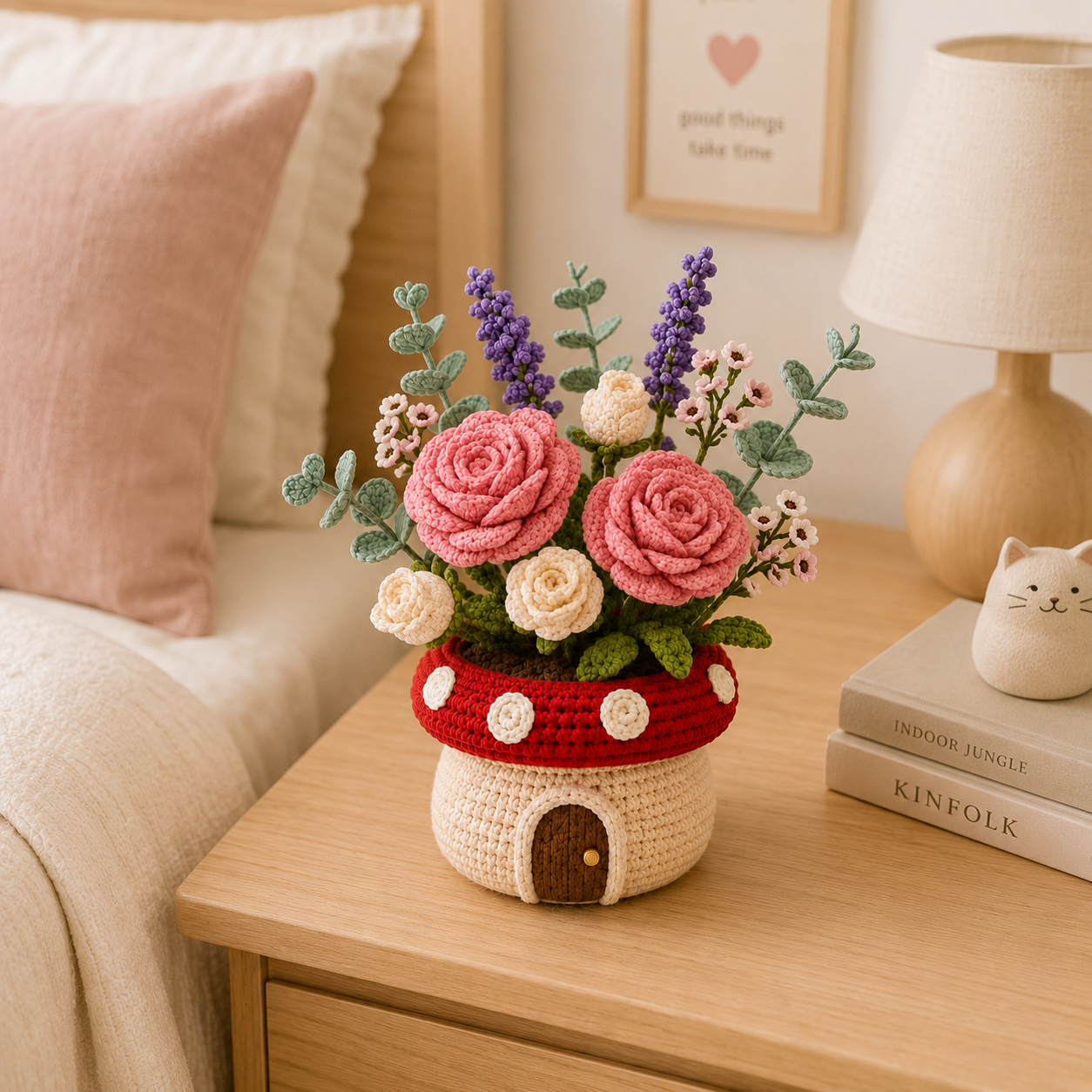 Handmade Crochet Rose Mushroom Pot - Floral Deco