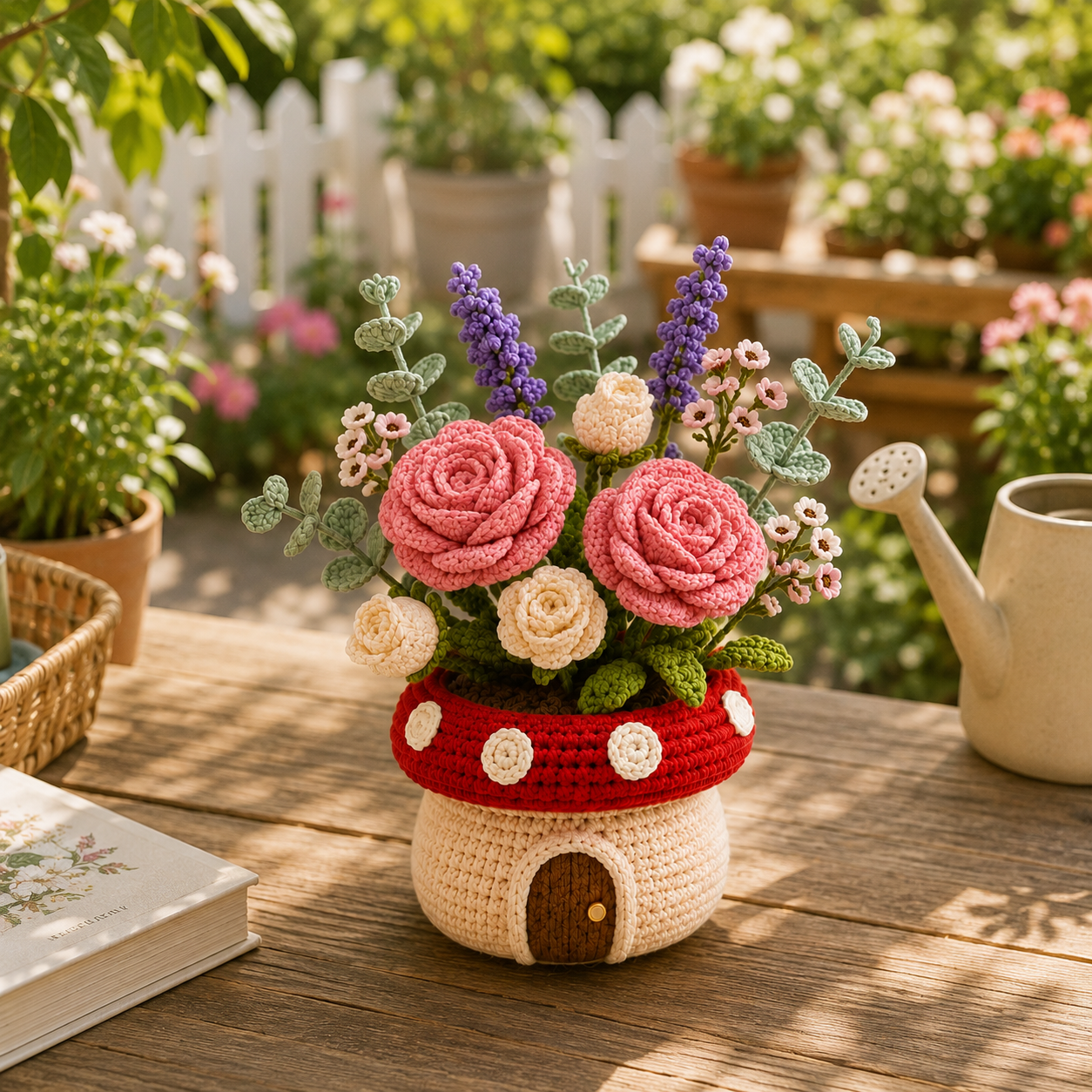 Handmade Crochet Rose Mushroom Pot - Floral Deco