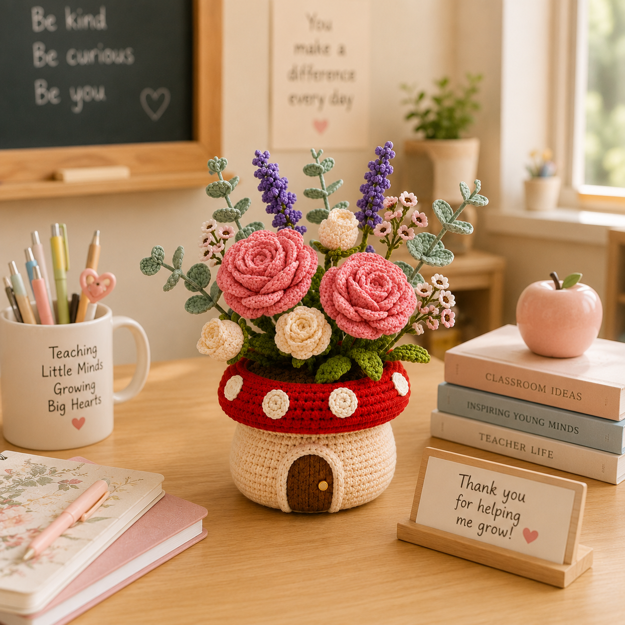 Handmade Crochet Rose Mushroom Pot - Floral Deco