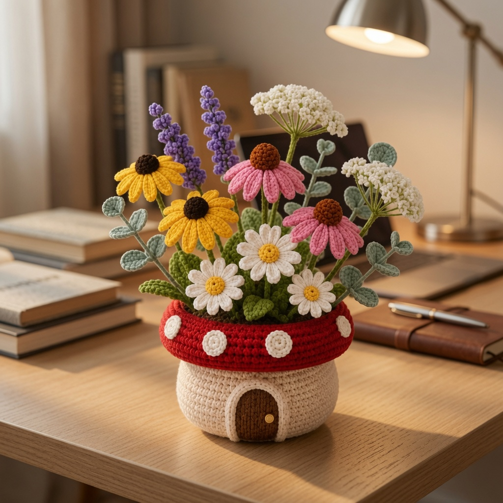 Handmade Crochet Wildflower Mushroom Pot - Floral Decor
