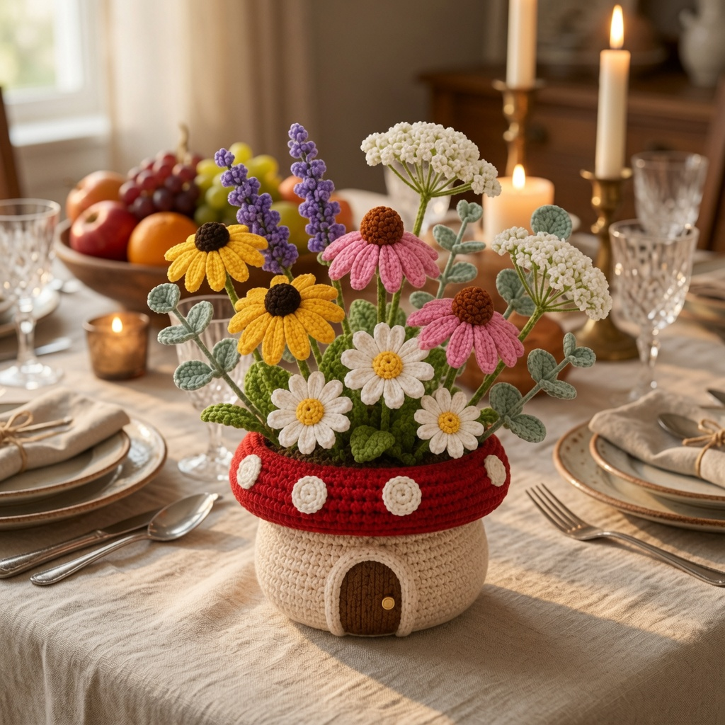Handmade Crochet Wildflower Mushroom Pot - Floral Decor