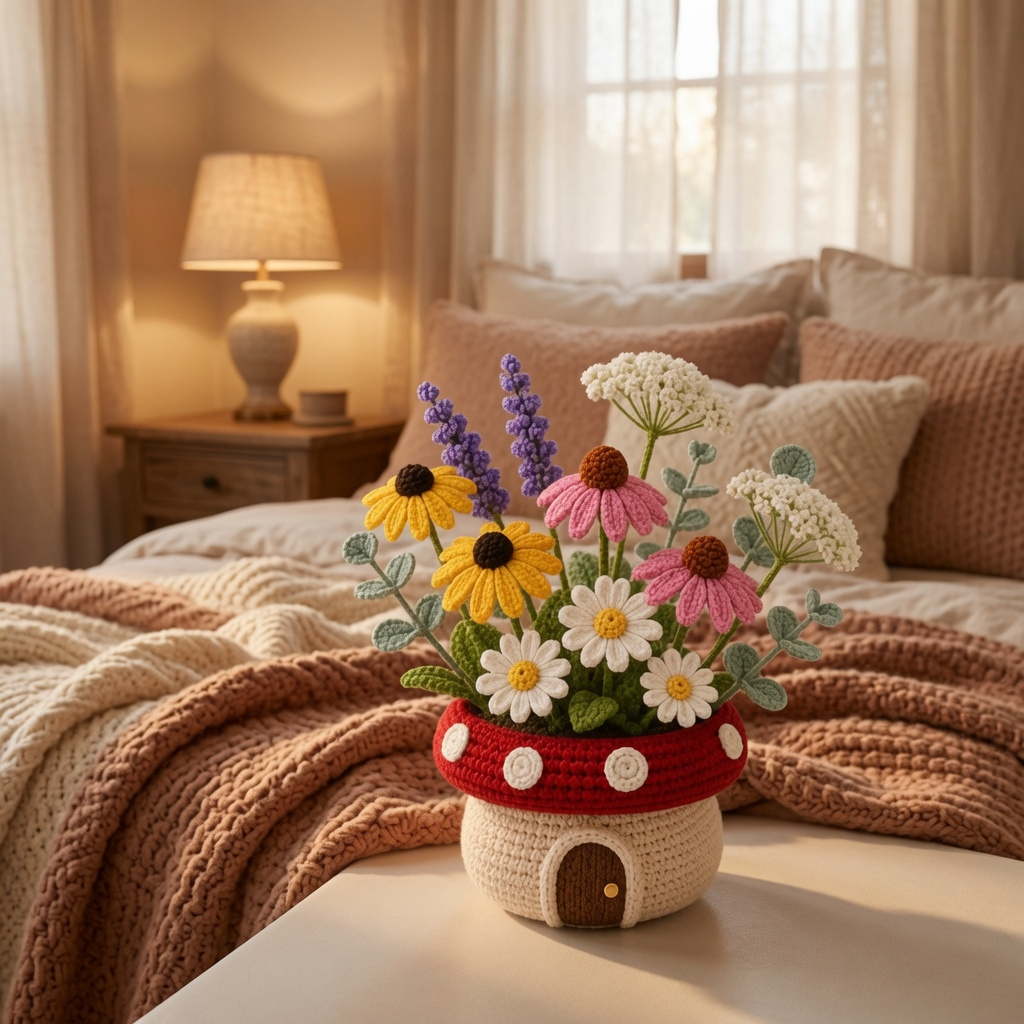 Handmade Crochet Wildflower Mushroom Pot - Floral Decor