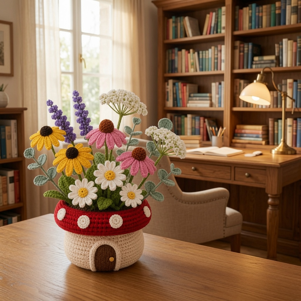 Handmade Crochet Wildflower Mushroom Pot - Floral Decor