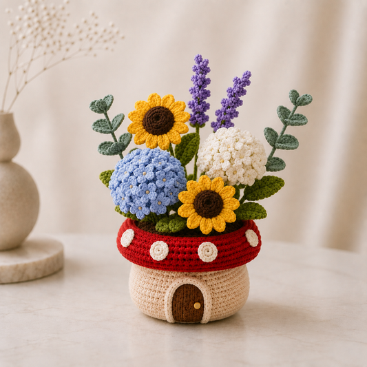 Handmade Crochet Sunflower & Hydrangea Mushroom Pot