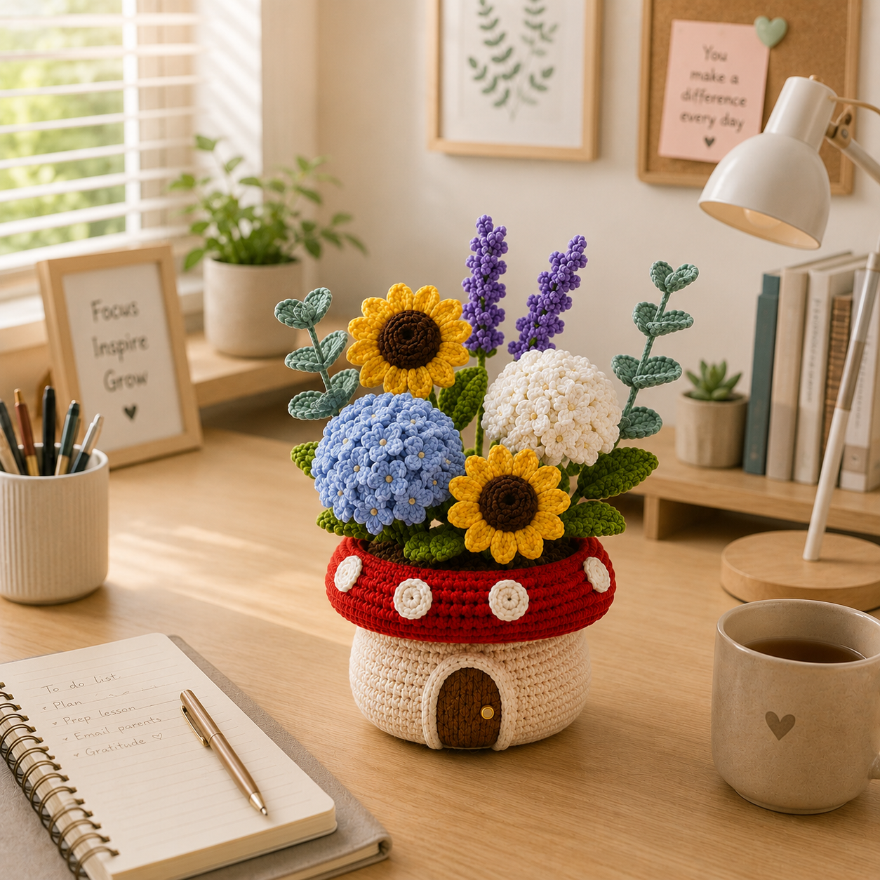 Handmade Crochet Sunflower & Hydrangea Mushroom Pot