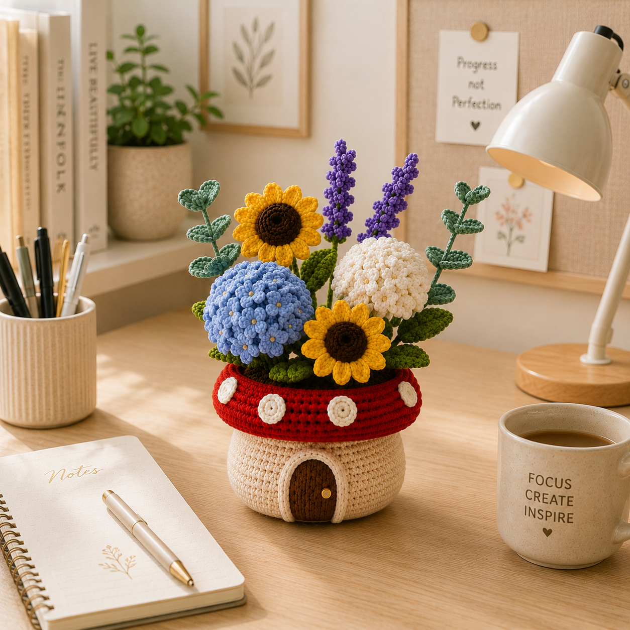 Handmade Crochet Sunflower & Hydrangea Mushroom Pot
