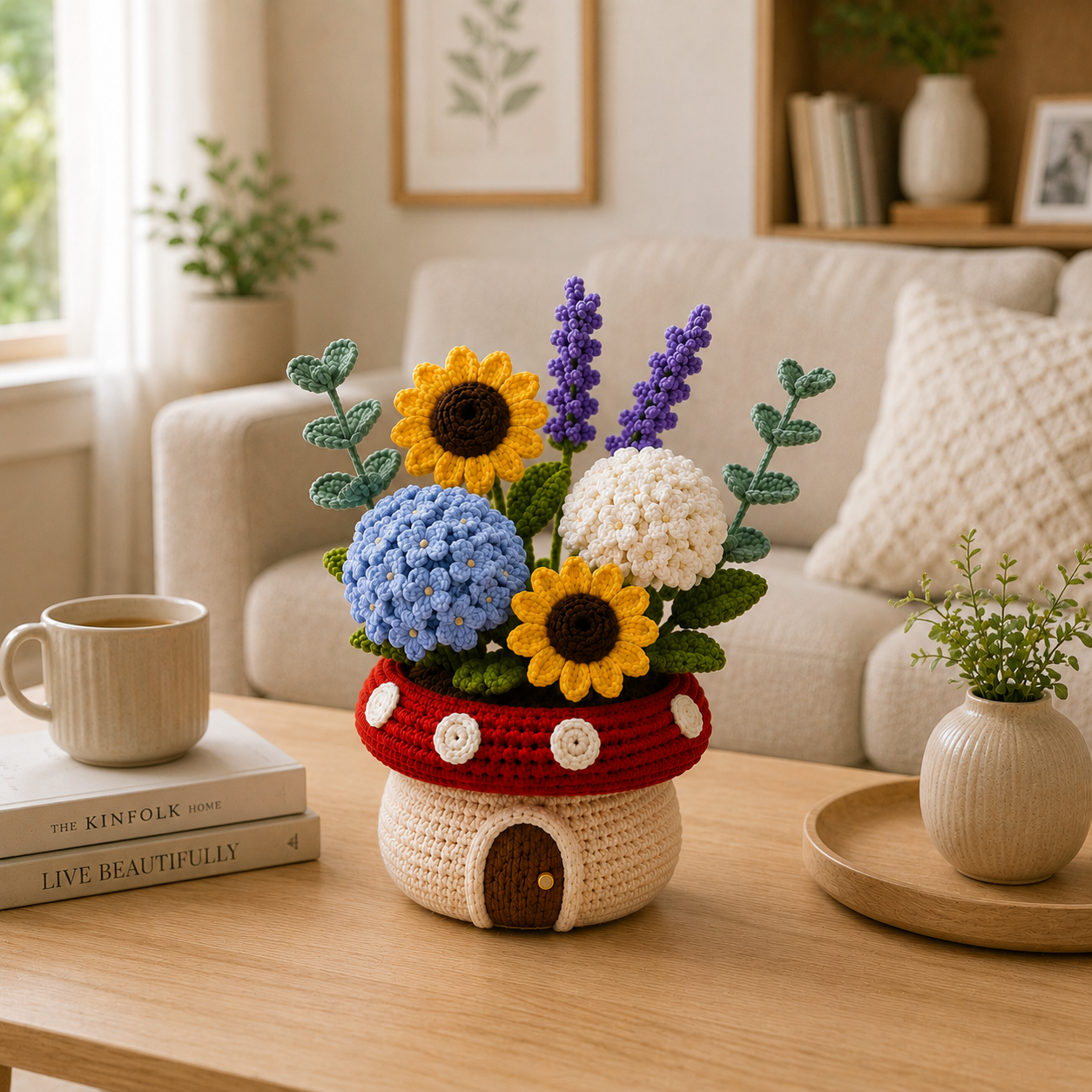 Handmade Crochet Sunflower & Hydrangea Mushroom Pot