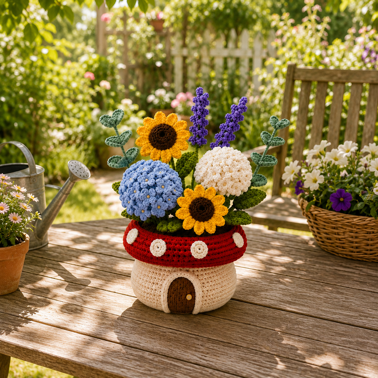 Handmade Crochet Sunflower & Hydrangea Mushroom Pot