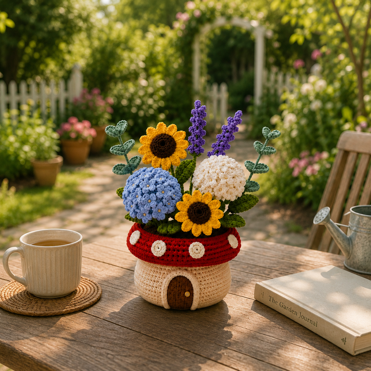 Handmade Crochet Sunflower & Hydrangea Mushroom Pot