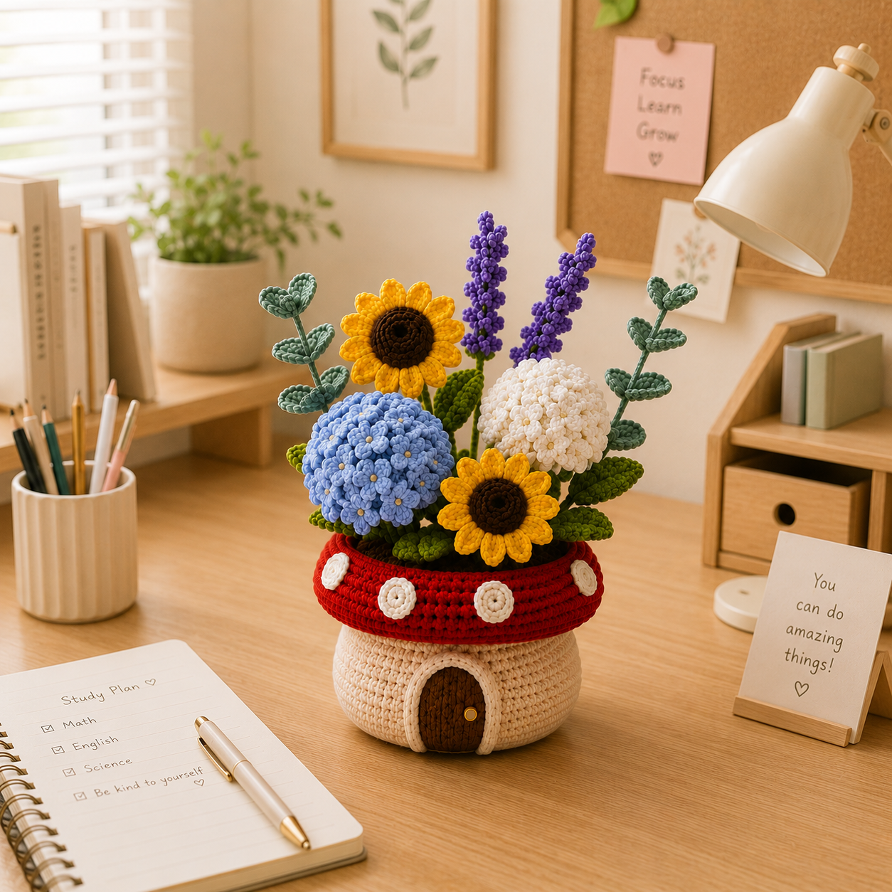 Handmade Crochet Sunflower & Hydrangea Mushroom Pot