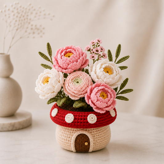 Handmade Crochet Peony & Ranunculus Mushroom Pot