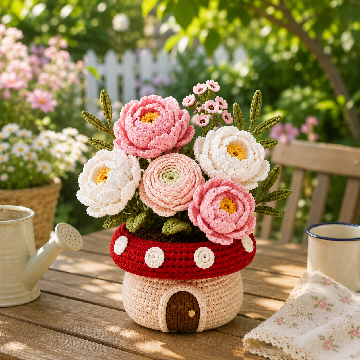 Handmade Crochet Peony & Ranunculus Mushroom Pot