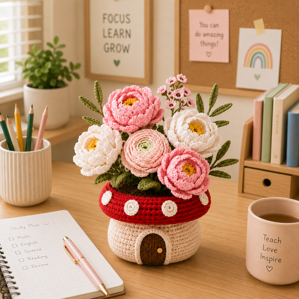 Handmade Crochet Peony & Ranunculus Mushroom Pot