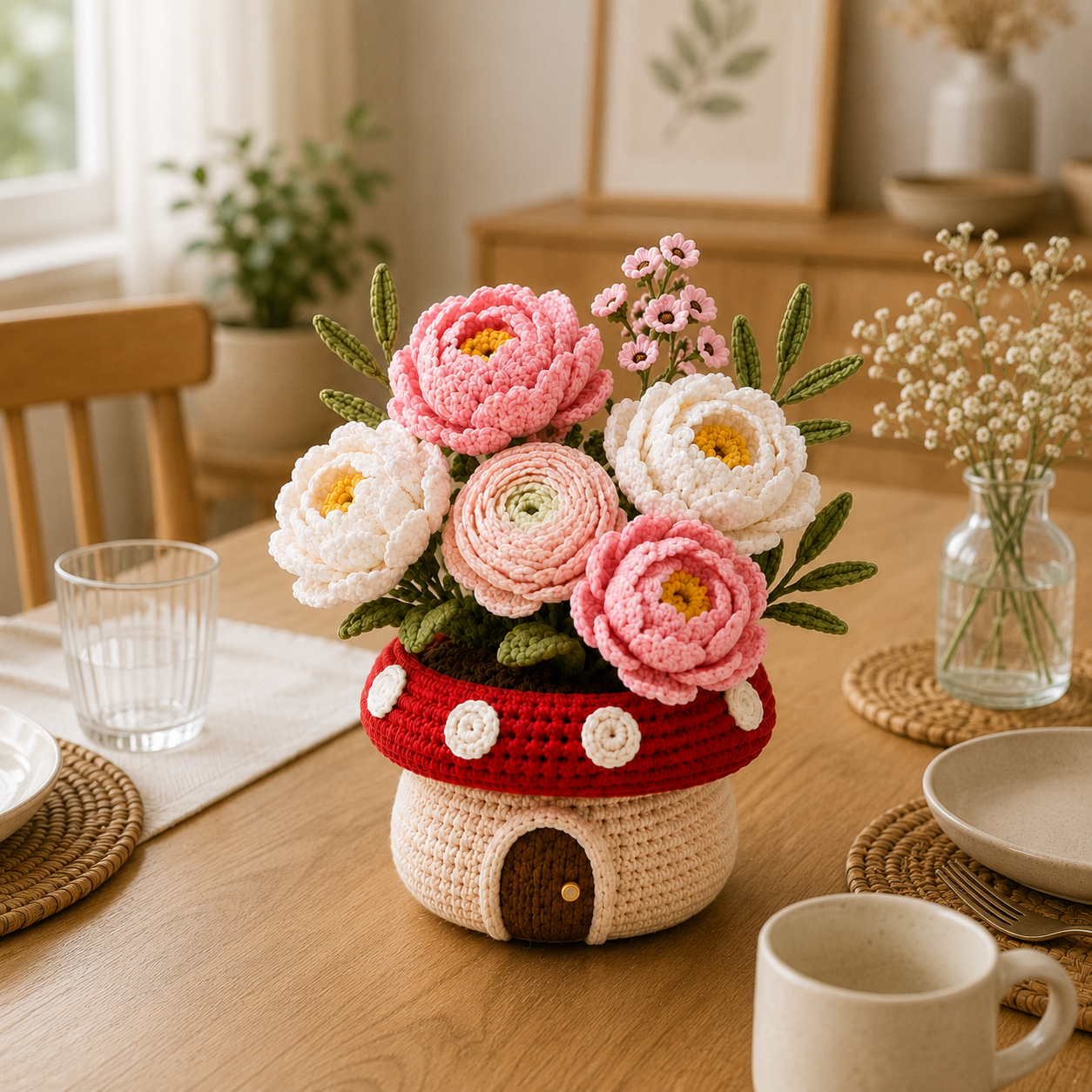 Handmade Crochet Peony & Ranunculus Mushroom Pot