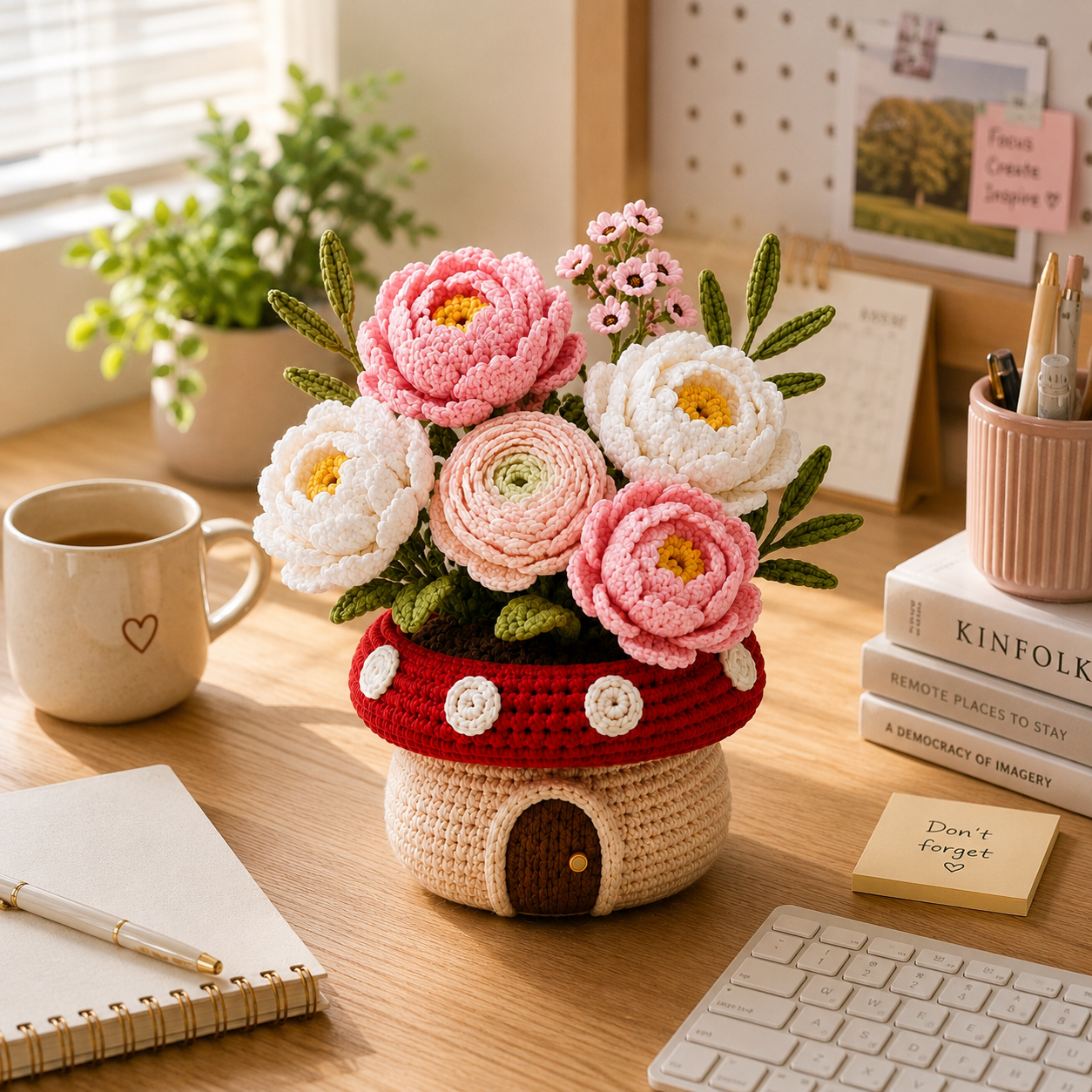 Handmade Crochet Peony & Ranunculus Mushroom Pot