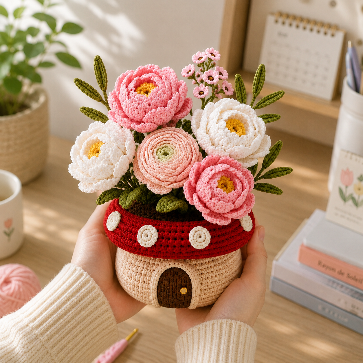 Handmade Crochet Peony & Ranunculus Mushroom Pot