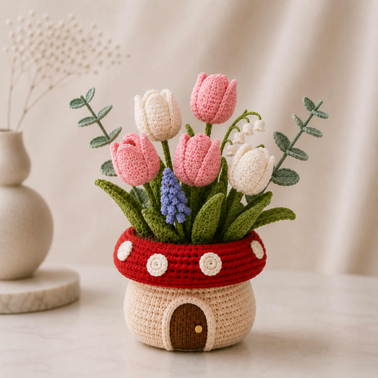 Handmade Crochet Tulip Mushroom Pot - Floral Decor