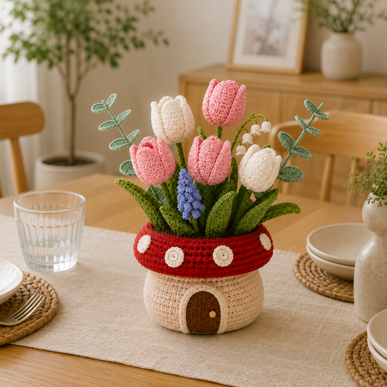 Handmade Crochet Tulip Mushroom Pot - Floral Decor