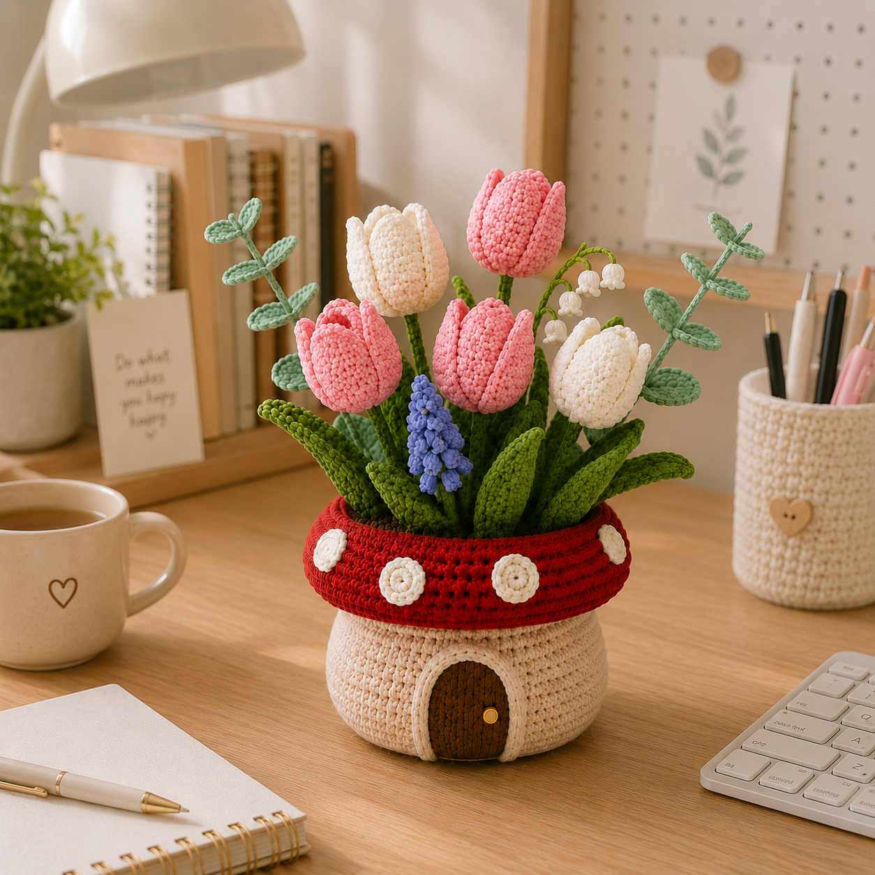 Handmade Crochet Tulip Mushroom Pot - Floral Decor