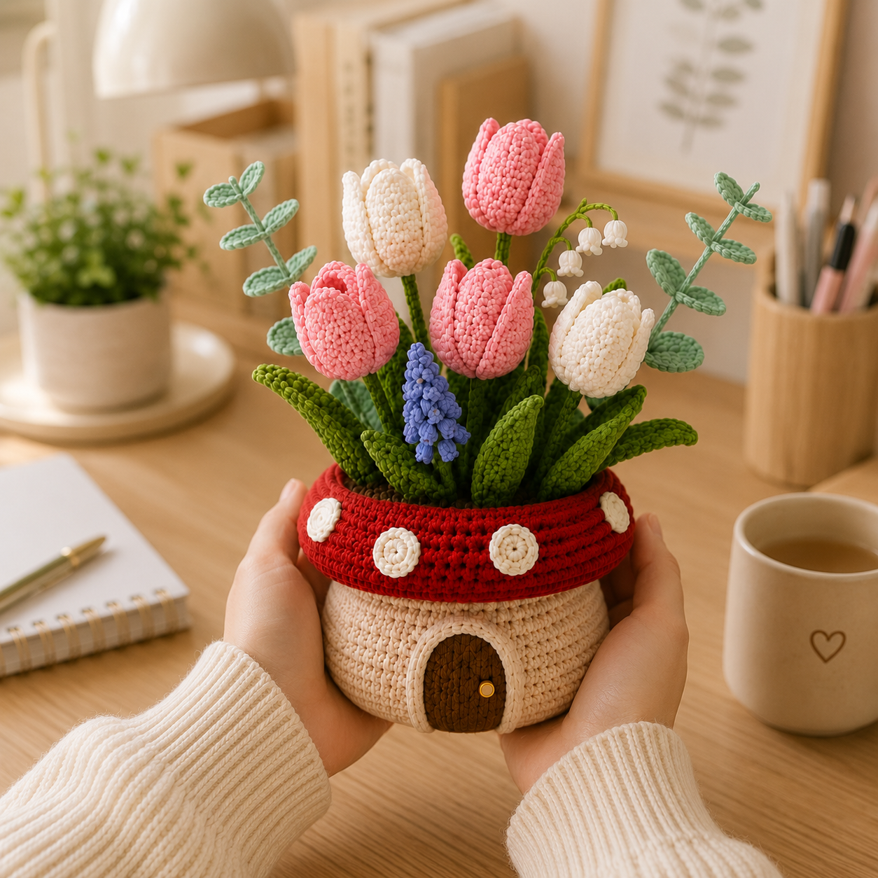 Handmade Crochet Tulip Mushroom Pot - Floral Decor