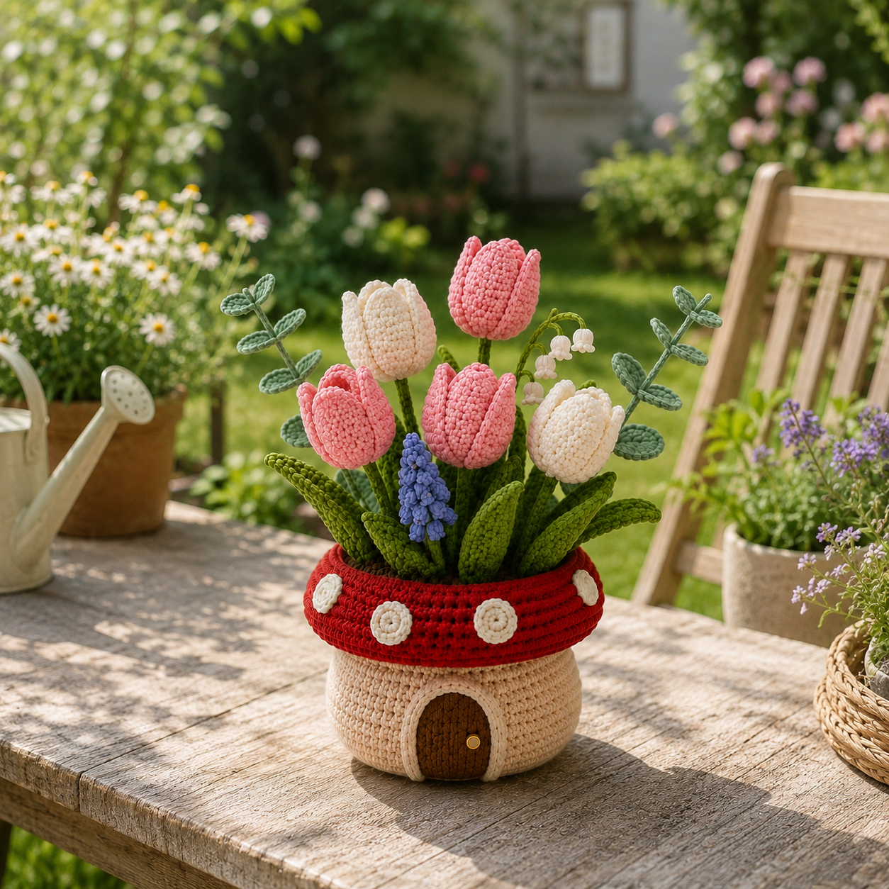 Handmade Crochet Tulip Mushroom Pot - Floral Decor