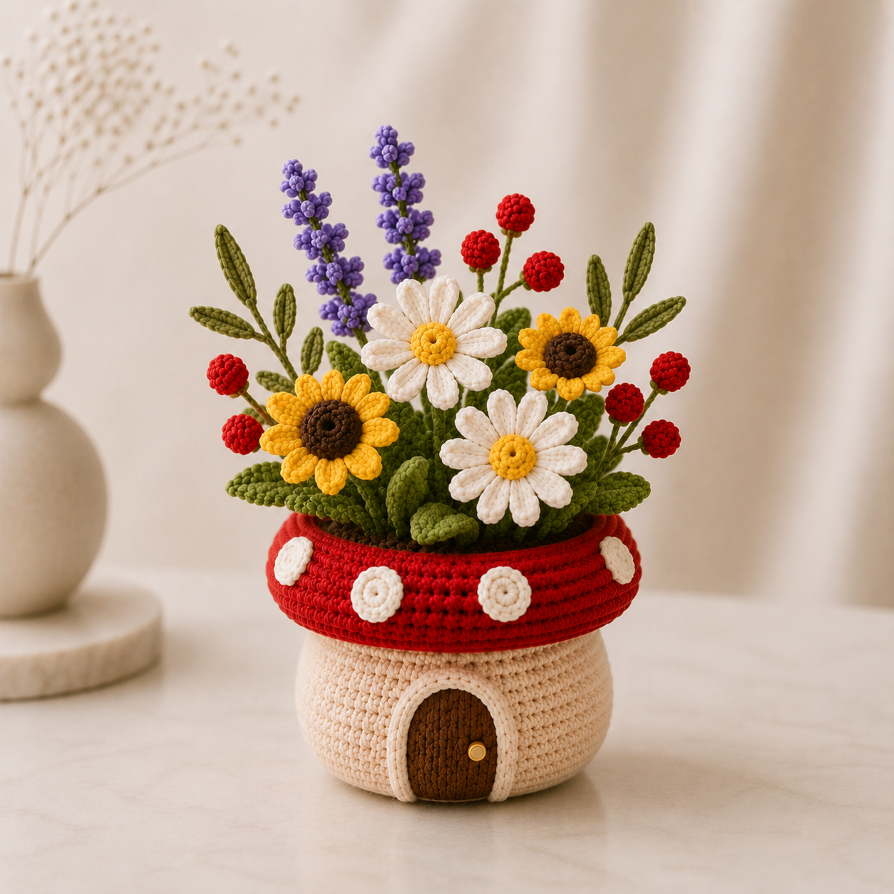 Handmade Crochet Sunflower & Daisy Mushroom Pot