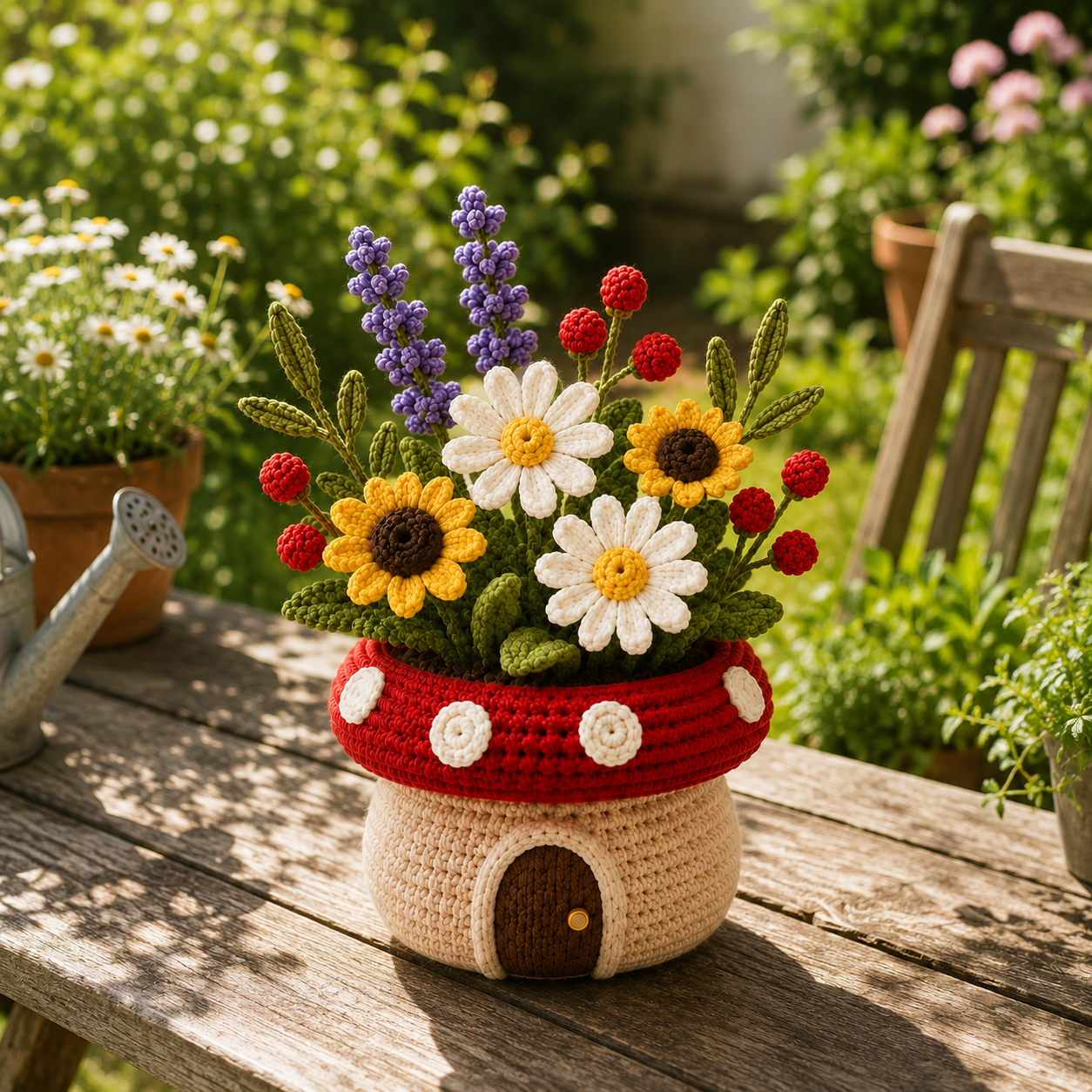 Handmade Crochet Sunflower & Daisy Mushroom Pot