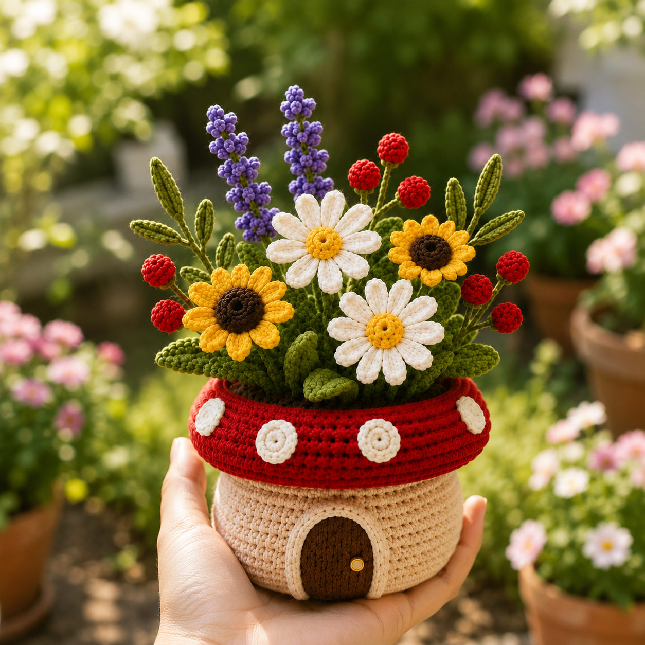 Handmade Crochet Sunflower & Daisy Mushroom Pot