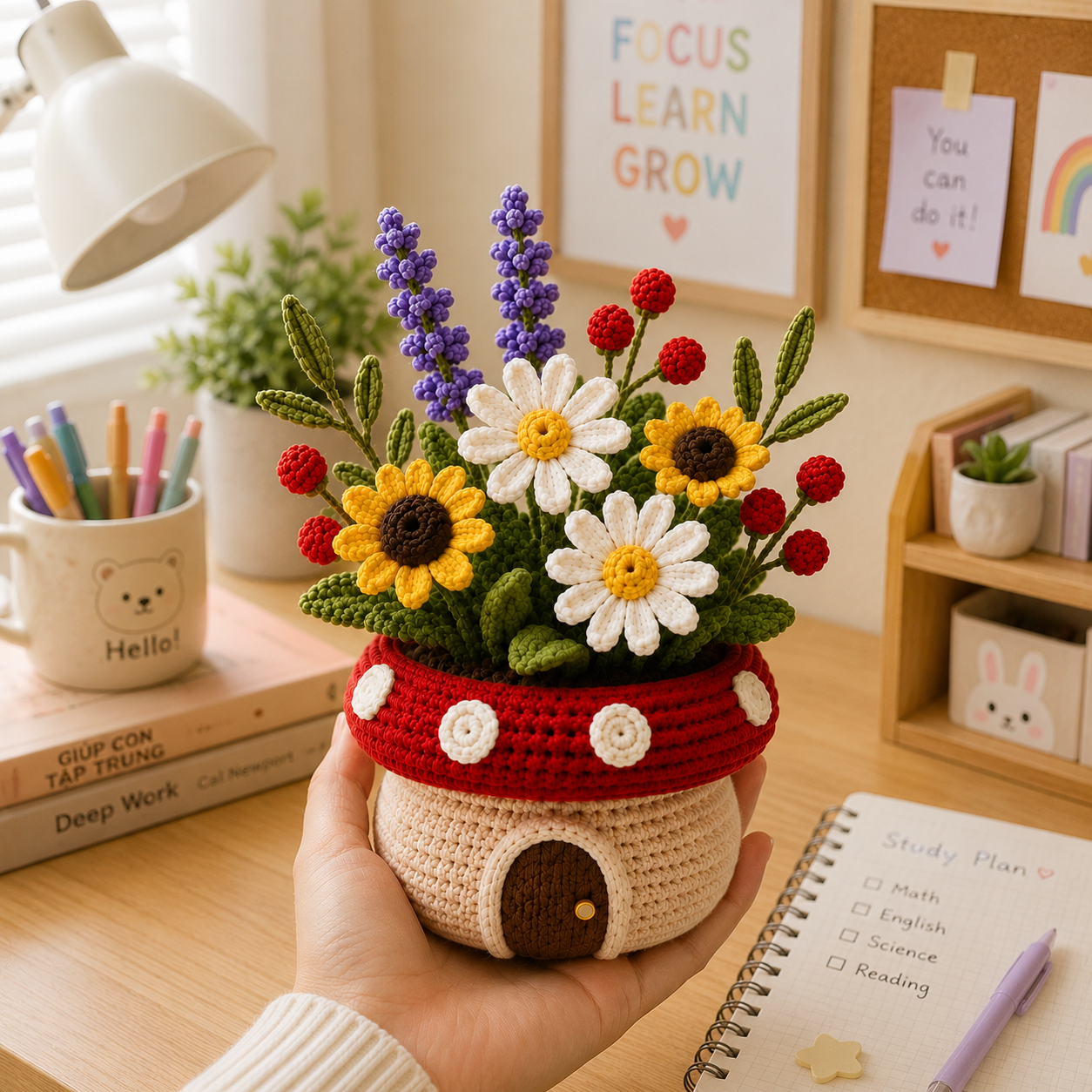 Handmade Crochet Sunflower & Daisy Mushroom Pot