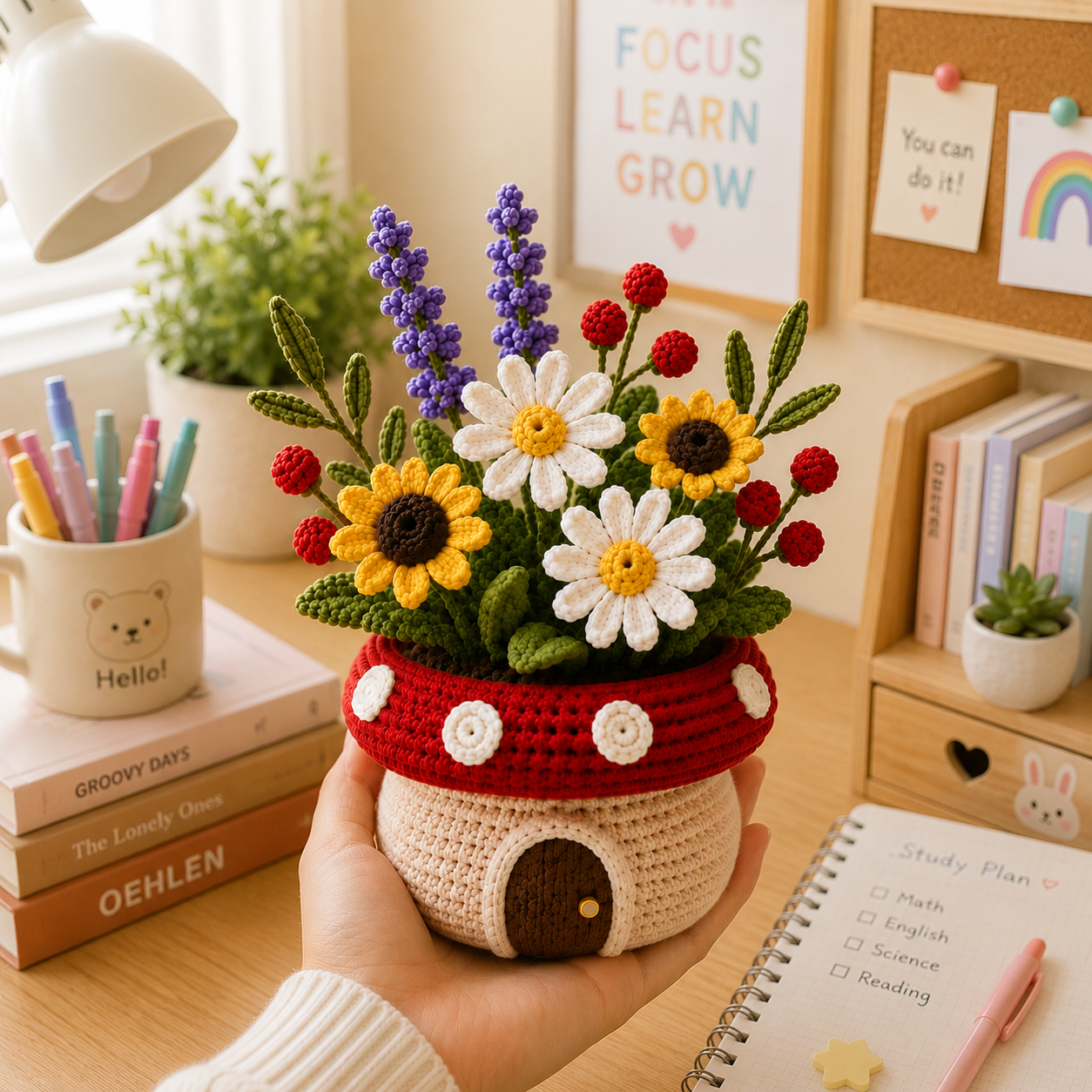 Handmade Crochet Sunflower & Daisy Mushroom Pot