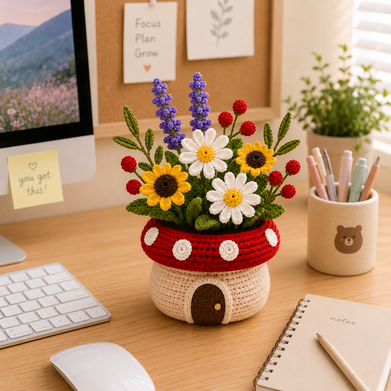 Handmade Crochet Sunflower & Daisy Mushroom Pot