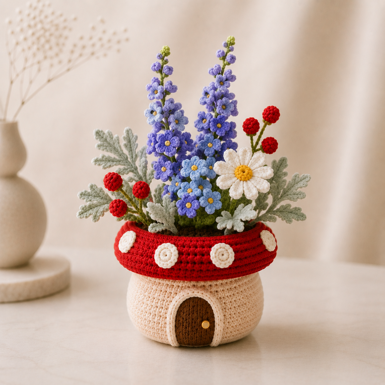 Handmade Crochet Delphinium & Daisy Mushroom Pot
