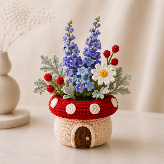 Handmade Crochet Delphinium & Daisy Mushroom Pot